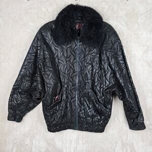 VTG Greg Bell Leather Jacket Womens Small Opossum Fur Metallic Bat Wing 80s